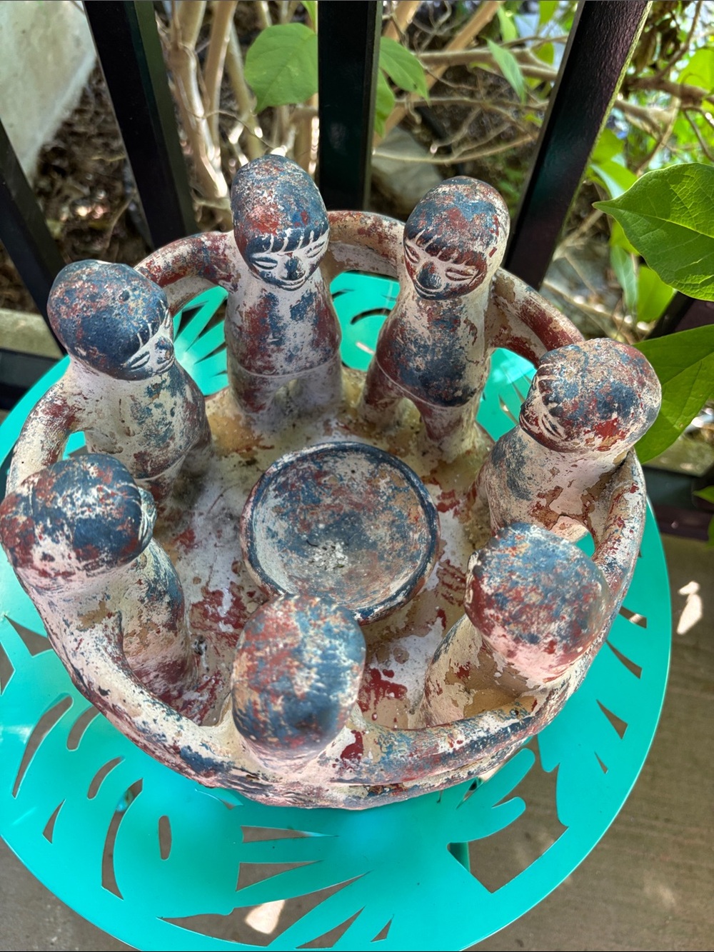 Vintage Mexican Terracotta Circle Of Friends Candle Holder Folk Art Rustic Garde